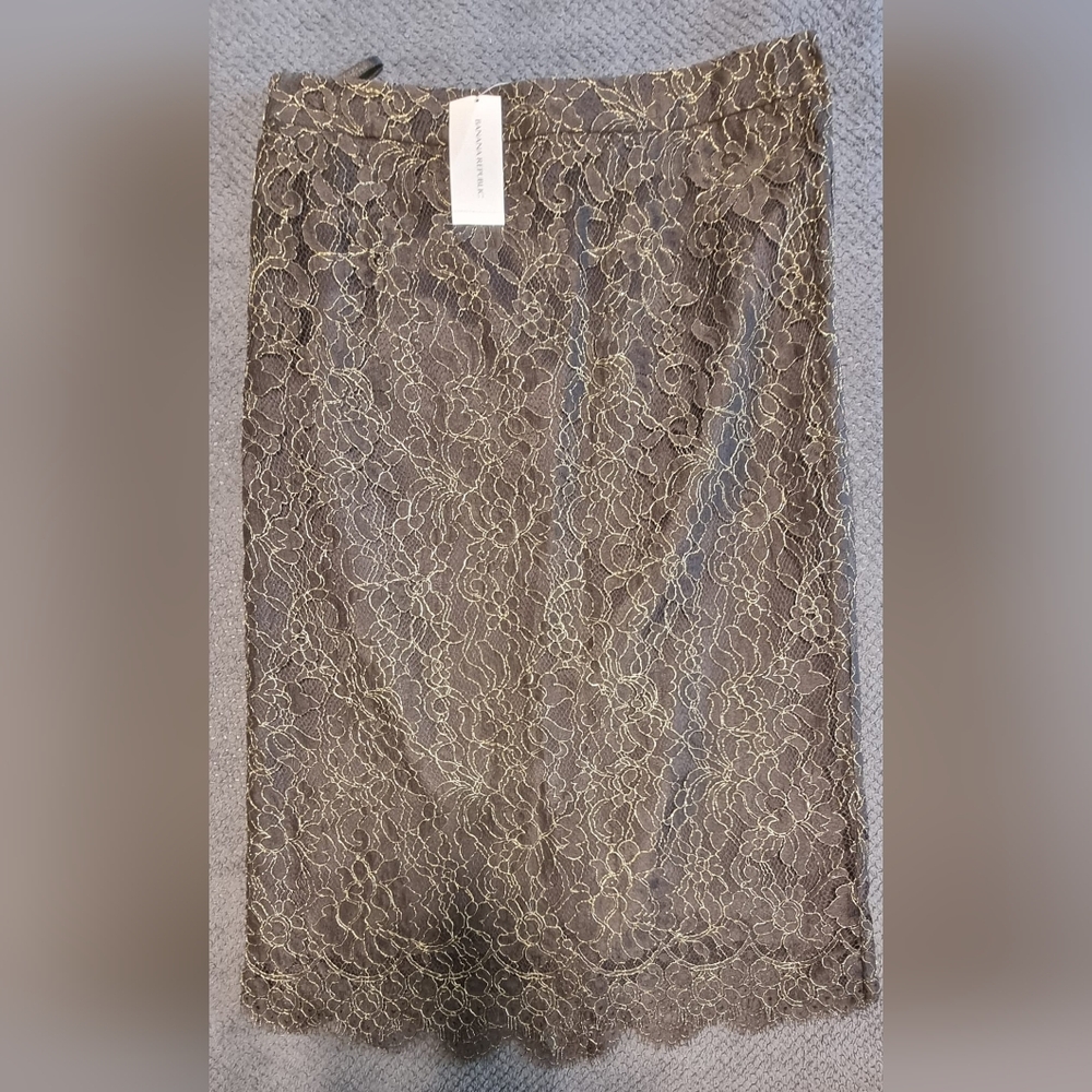 Banana Republic Lace Brown Pencil Skirt with Gold Lace Overlay